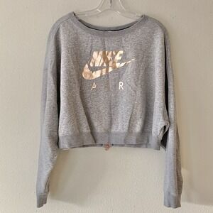 Nike Air Rally Women's Grey Cropped Sweatshirt Rose Gold Logo Zippered Back L